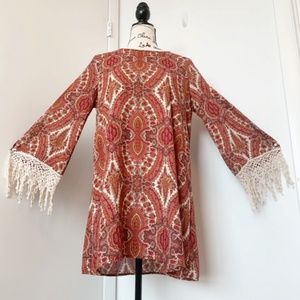 Anthropologie 60s 70s style Red Tunic Boho Mini Dress w Fringe Sleeves